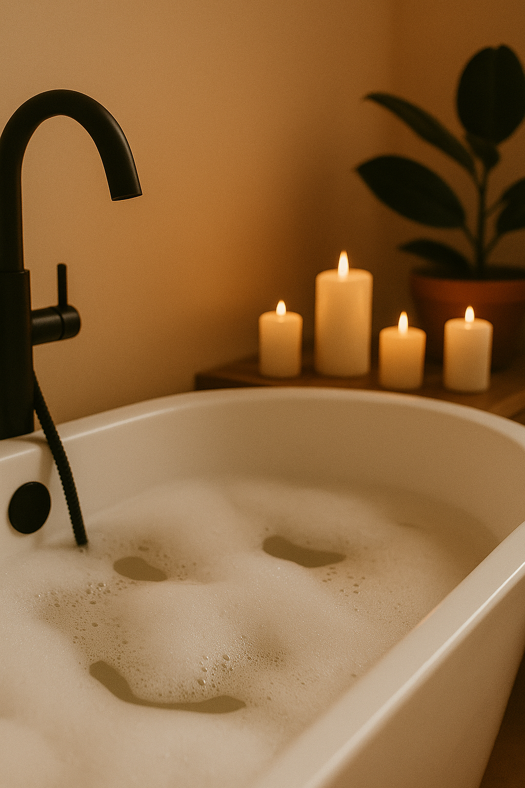 Warme, wohltuende Badewanne mit stimmungsvollen Kerzen