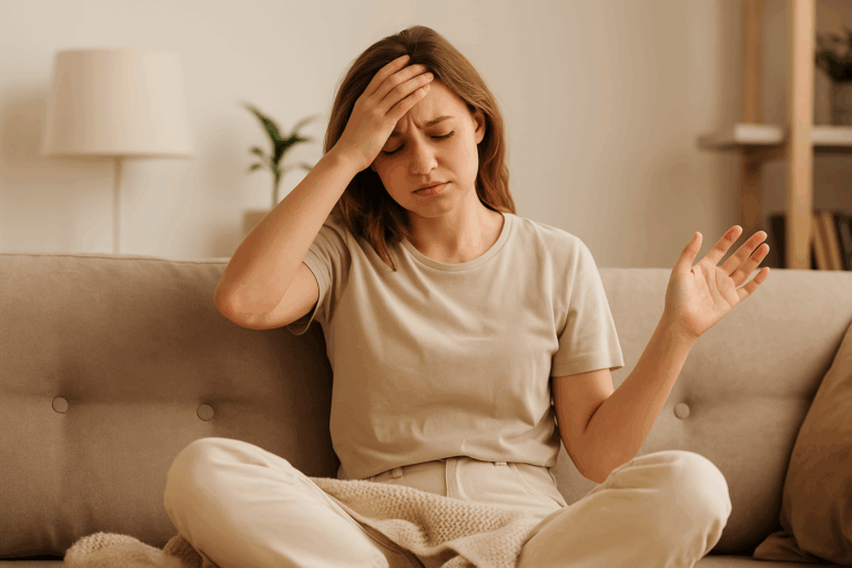 Frau sitzt auf dem Sofa und hat ganz viele stressige Gedanken, sie hat ein Gedankenkarusell