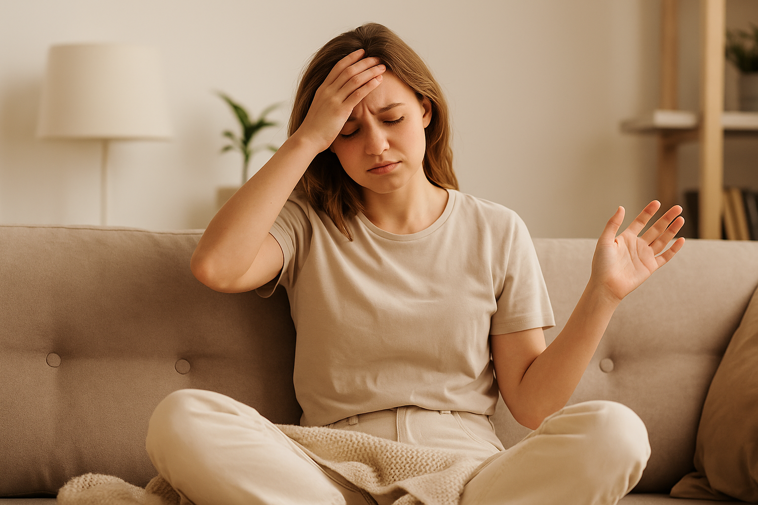 Frau sitzt auf dem Sofa und hat ganz viele stressige Gedanken, sie hat ein Gedankenkarusell