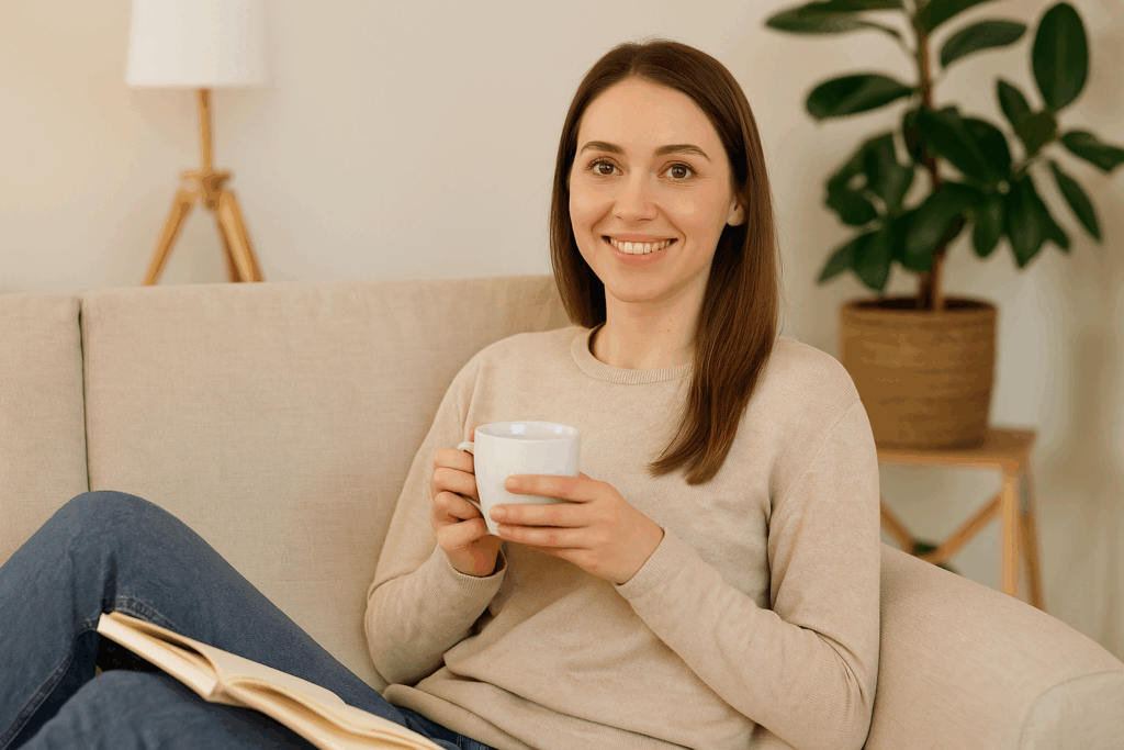 Frau sitzt entspannt mit einem Tee und einem Notizblock auf dem Sofa