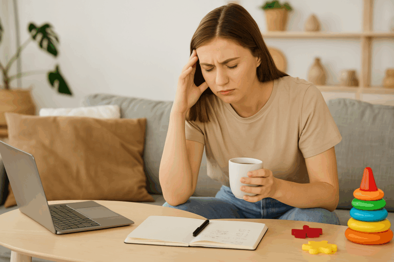 gestresste mama sitzt am laptop