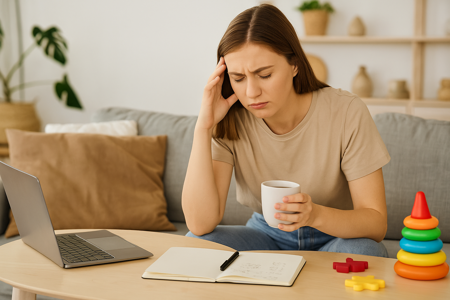 gestresste mama sitzt am laptop
