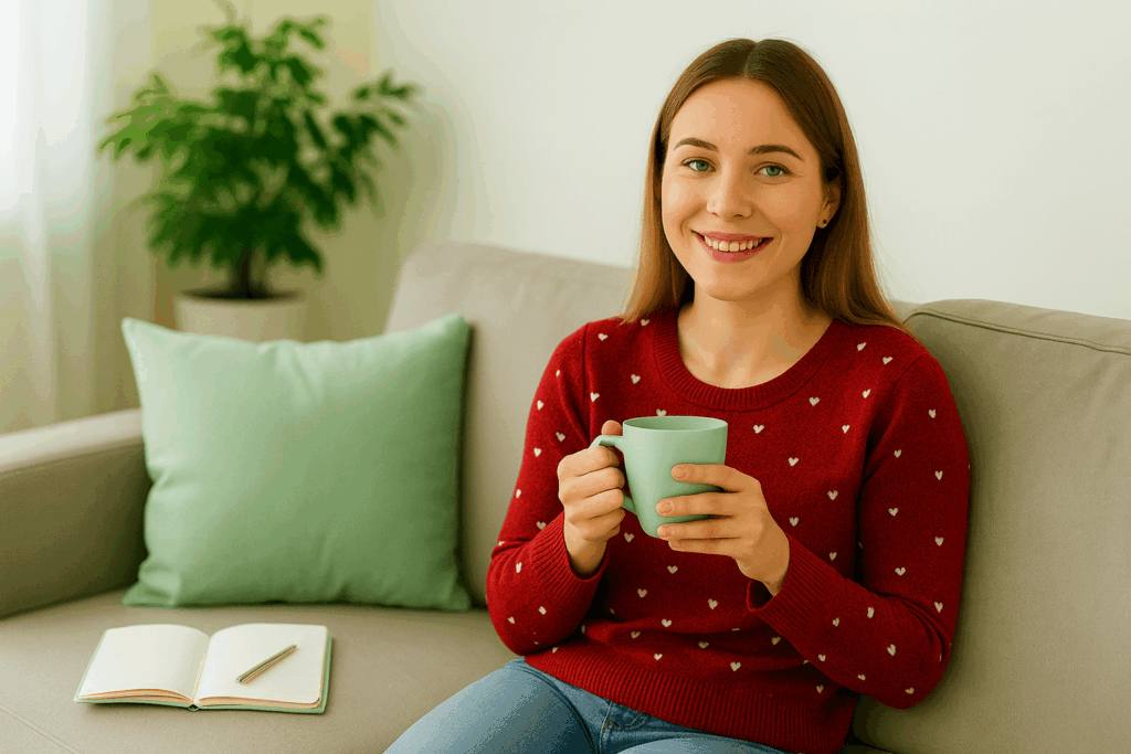 stressfreie Frau sitzt mit einer Tasse Tee auf dem Sofa, neben ihr liegt ein Notizbuch
