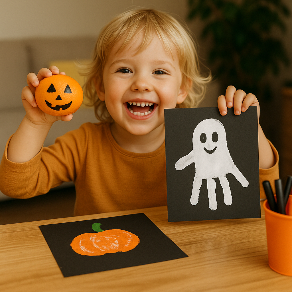 Kind zeigt stolz seine Basteleien zu Halloween