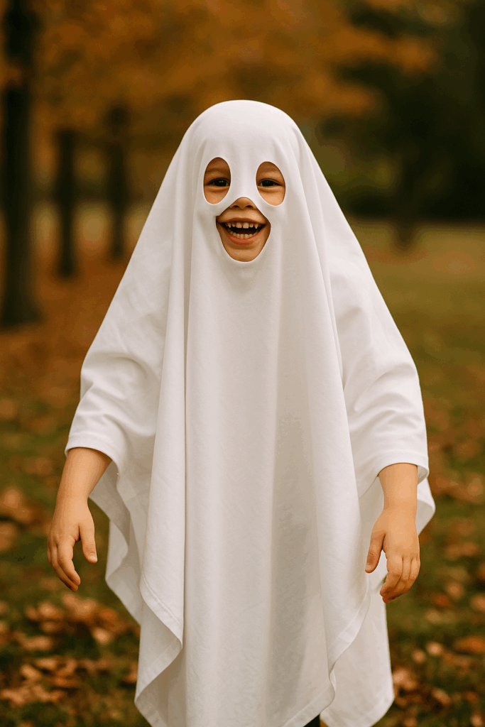 Ein Kind lacht und ist als Gespenst verkleidet