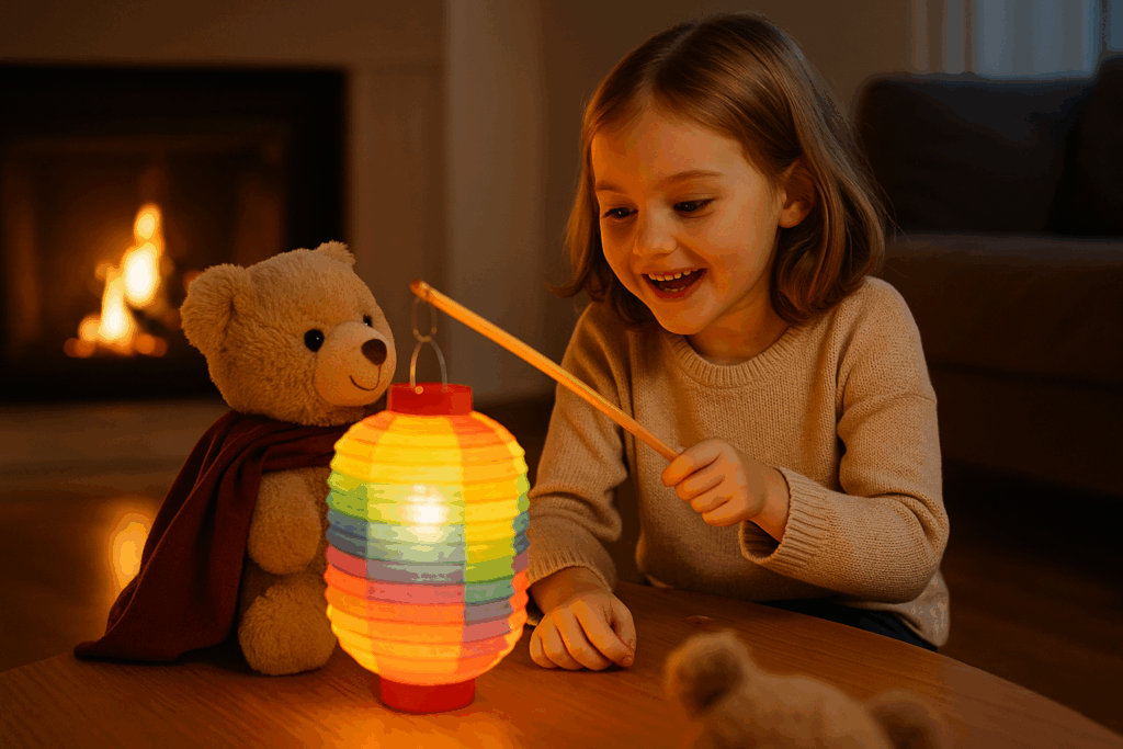 Ein Mädchen spielt mit ihrem St. Martin Bär und einer Laterne