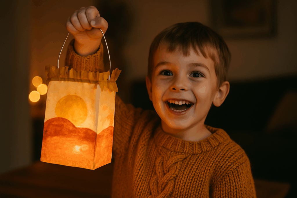 Ein Junge hebt strahlend eine selbstgebastelte Laterne hoch