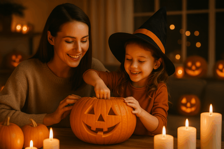 Mama und Kind schnitzen gemeinsam einen Halloween Kürbis und lachen