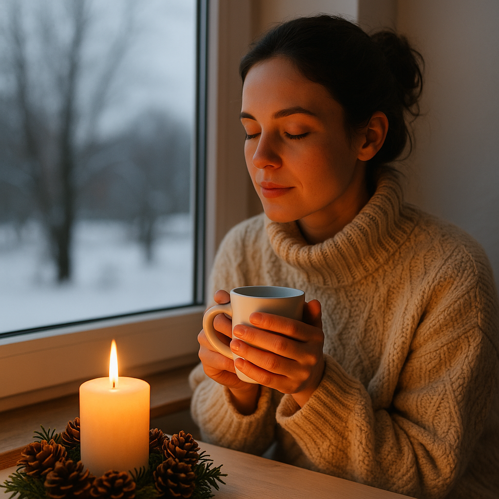 eine Frau sitzt gemütlich mit einer Tasse Tee bei Kerzenlicht am Fenster