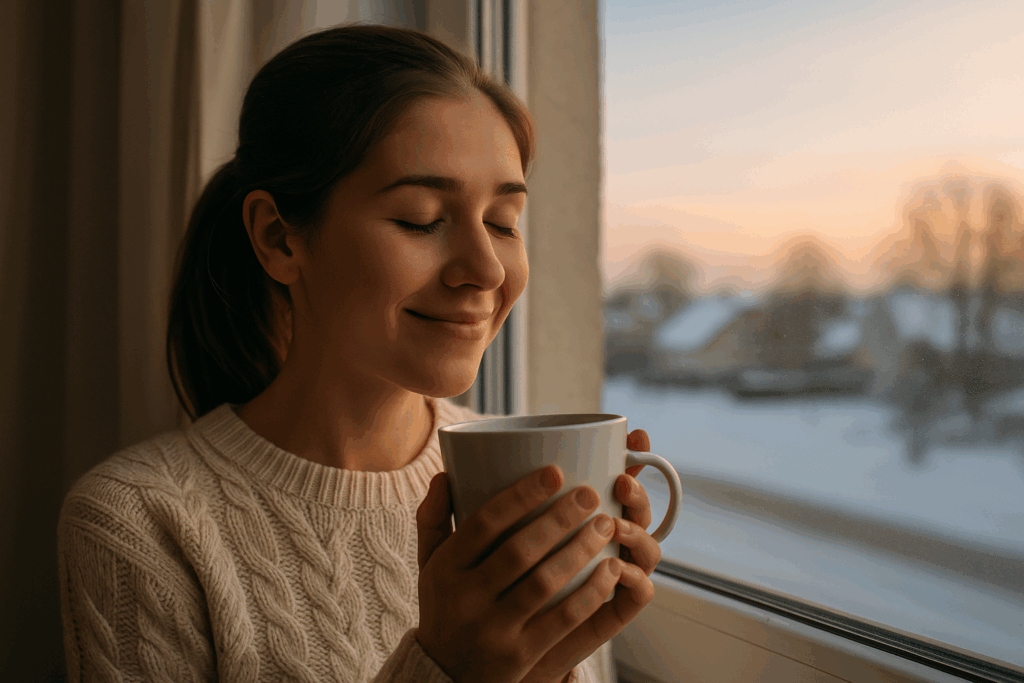 Eine Frau sitzt mit einer Tasse Tee am Fenster und lächelt