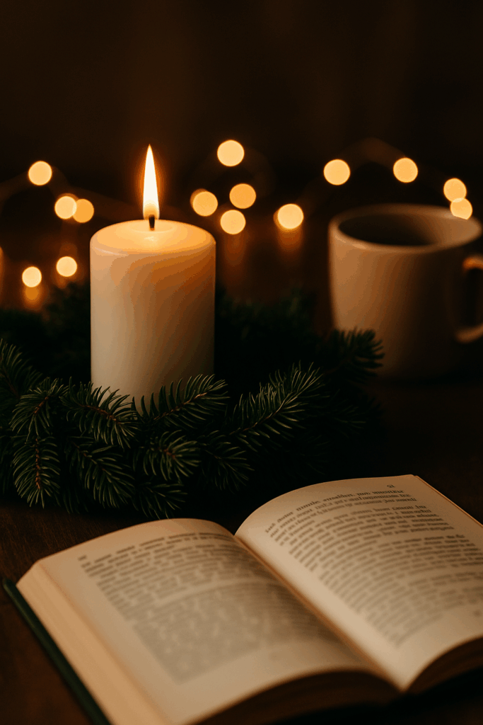 Ein Buch liegt im Kerzenschein auf dem Tisch und eine Tasse ist zu sehen