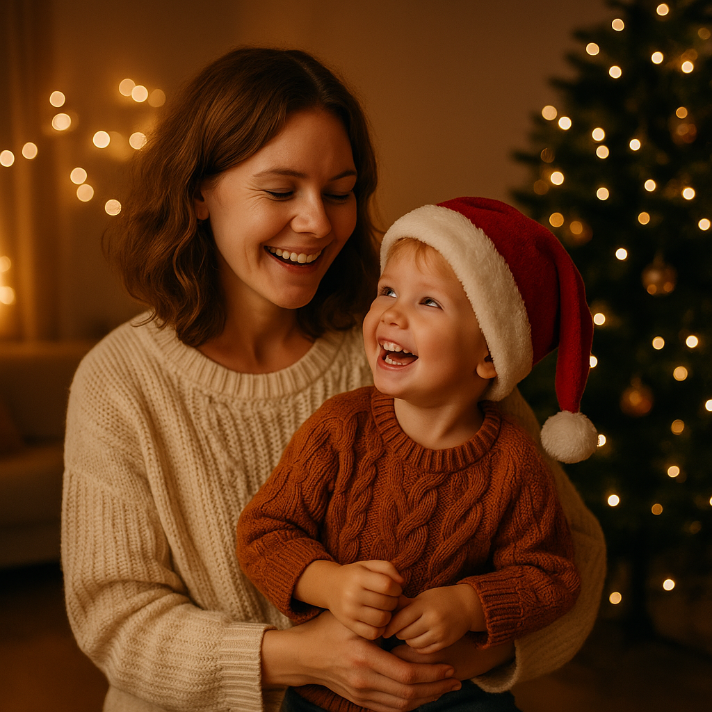 Mama und Kind sitzen vor dem Weihnachtsbaum