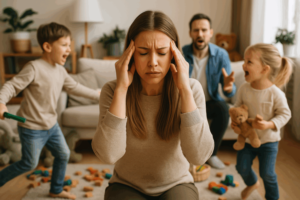 Familie ist total gestresst und sitzt im Chaos