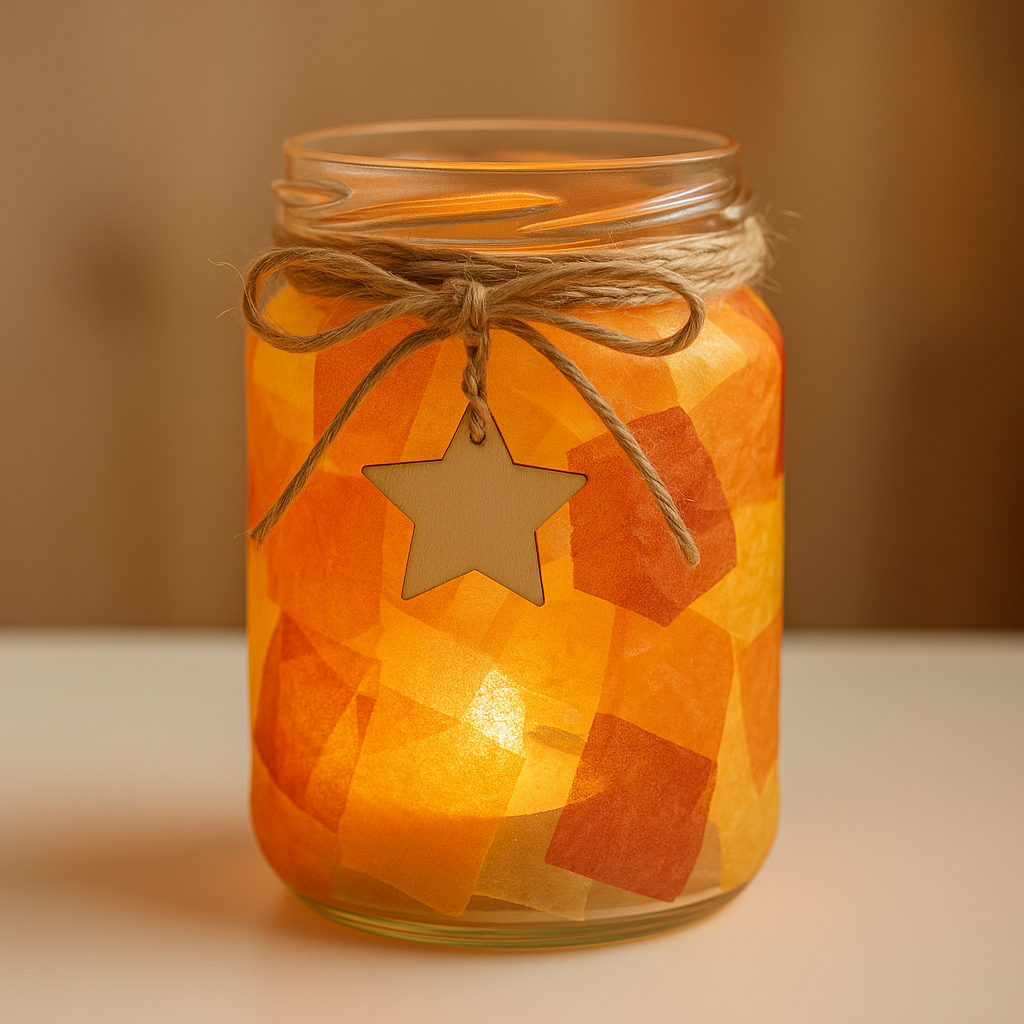 Laterne aus einem Marmeladeglas mit Transparentpapier und Holzstern