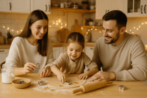 Eine Familie backt zusammen Plätzchen. Gemeinsame Zeit in der Adventszeit.