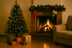 Ein künstlicher Weihnachtsbaum mit bunten Lichtern, ein paar Weihnachtsgeschenke, Kamin und schöne Weihnachtsdekoration