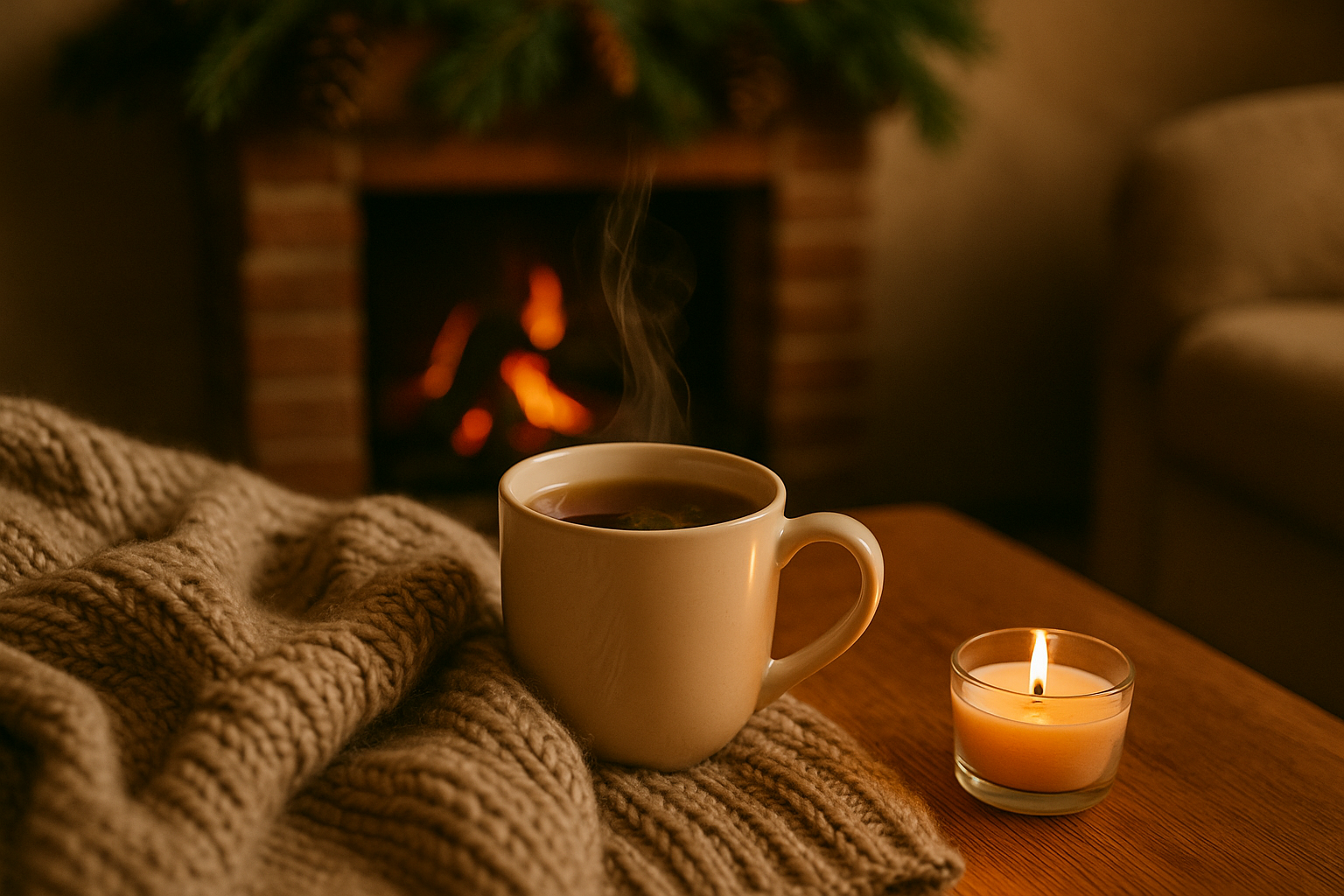 Eine gem&uuml;tliche Szene mit einer Tasse Tee und einer Kerze und einem Kamin
