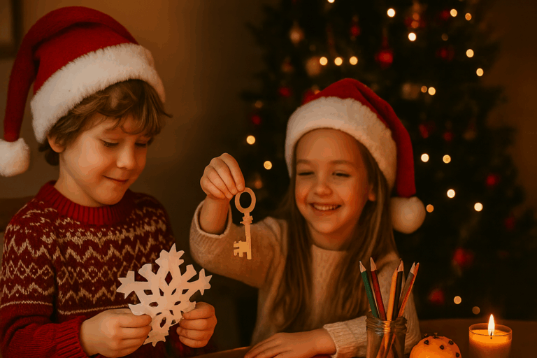Zwei Kinder basteln Weihnachtsdeko
