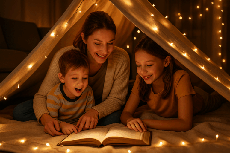 Eine Mama, Tochter und Sohn lesen gemütlich im Zelt welches im Wohnzimmer steht ein Buch