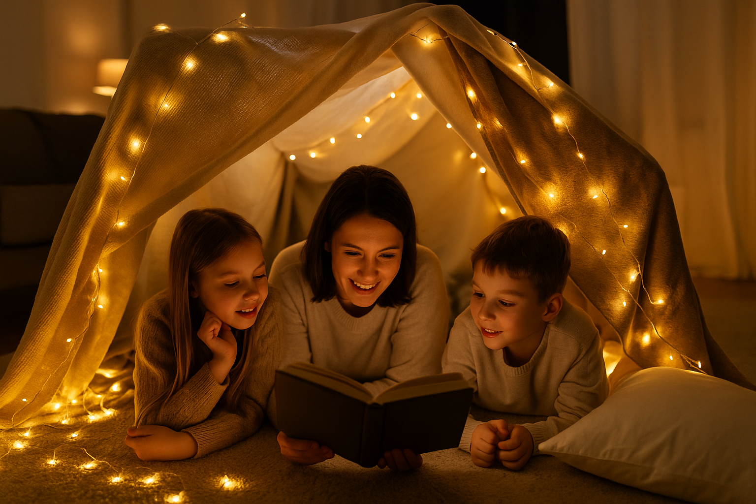 Wohnzimmer-Camping mit Zelt und Kuscheldecken