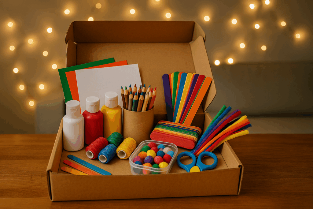 Notfall-Bastelbox mit vielen Dingen womit man basteln kann in einem Karton gesammelt