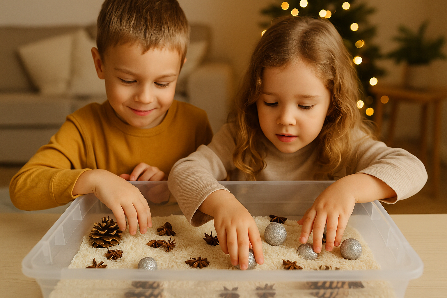 Winter-Sinnesbox mit Watte und kleinen Figuren