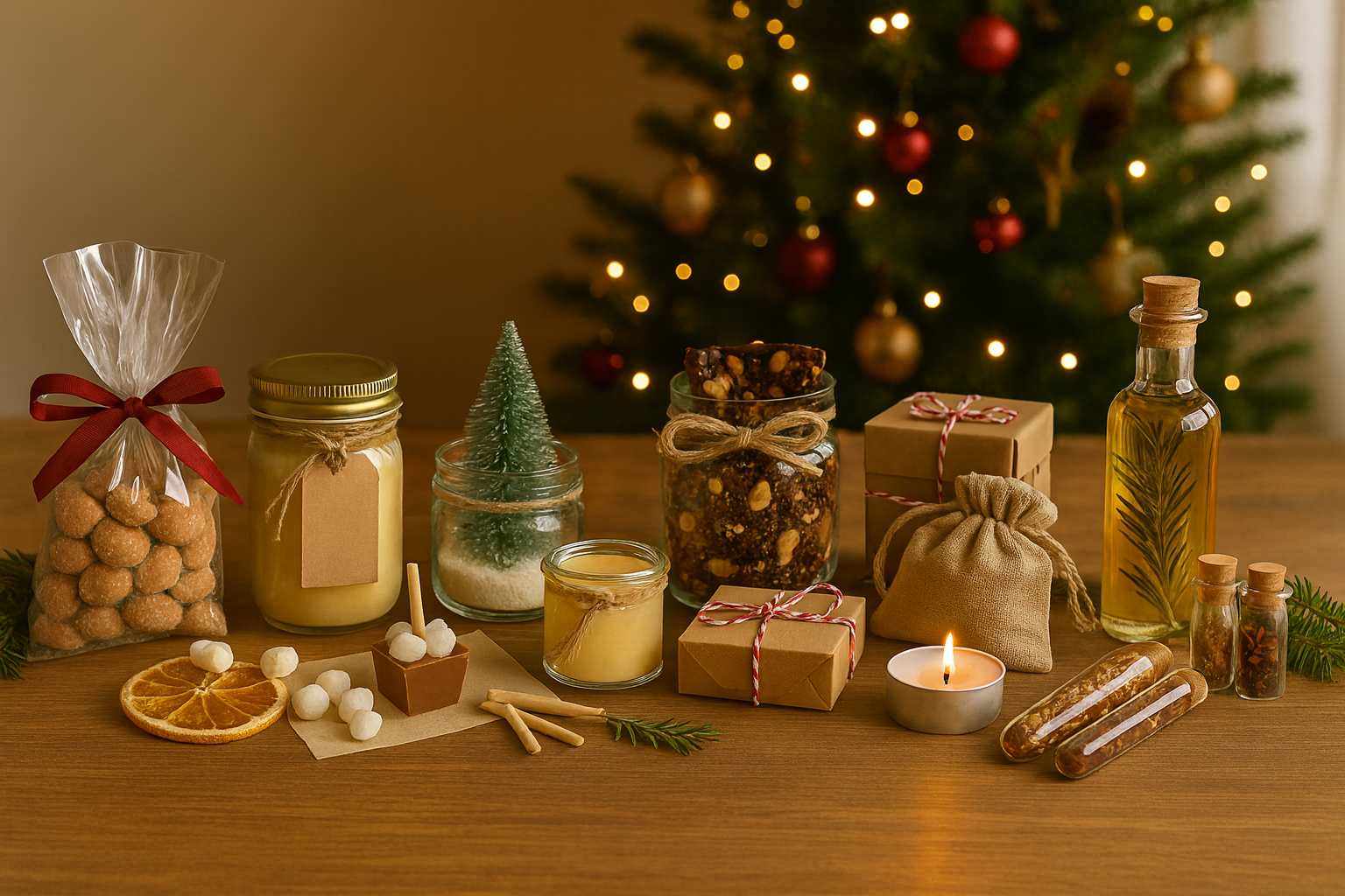 Viele DIYs auf einem Tisch vor dem Weihnachtsbaum