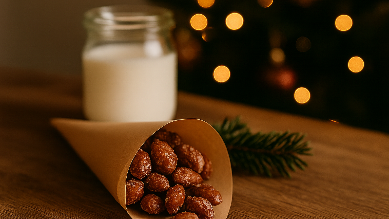 Selbstgemachte gebrannte Mandeln in einer Spitztüte als Weihnachtsmitbringsel