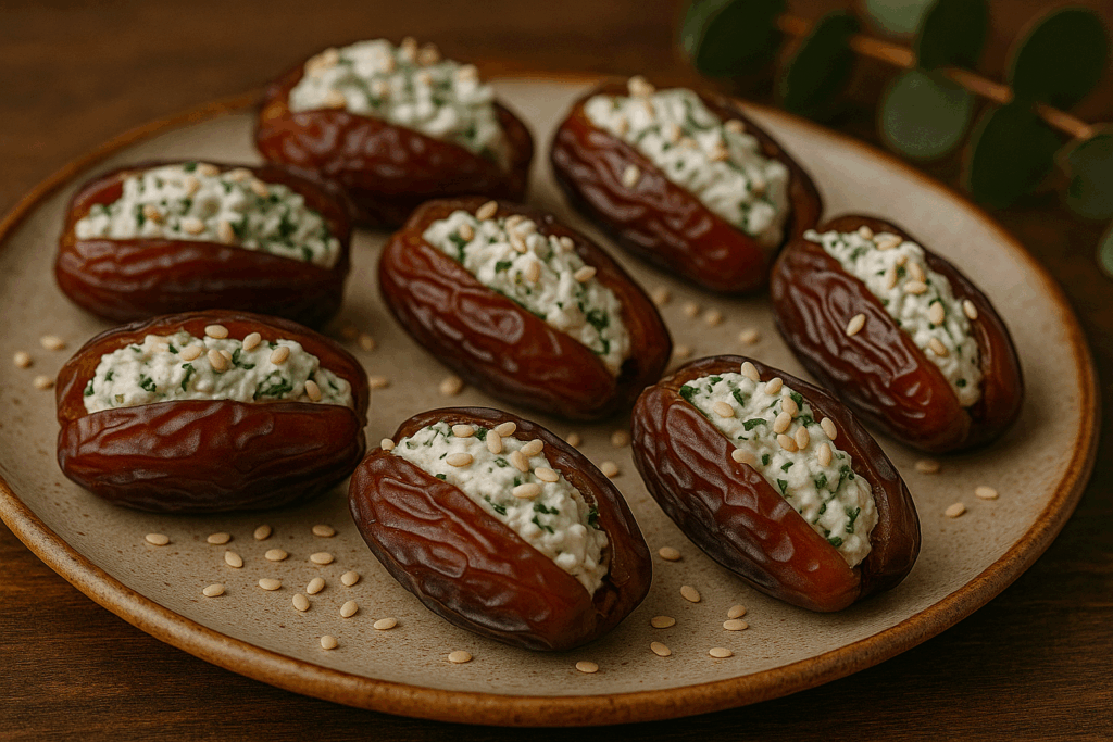 Deftig gefüllte Datteln mit Kräuterfrischkäse & Sesam