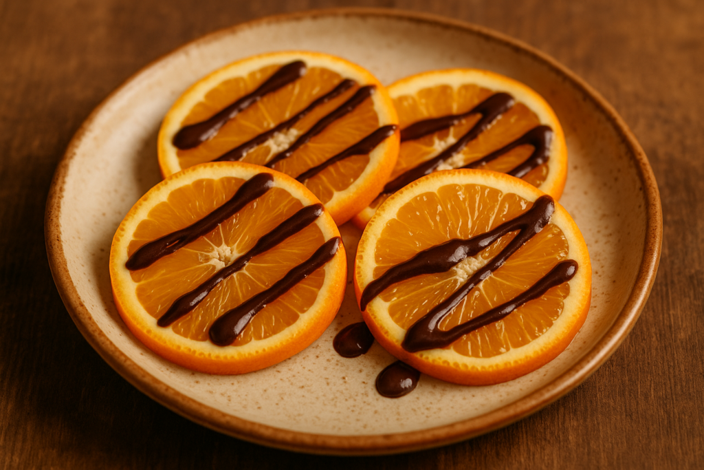 Orangenscheiben mit Schoko-Dattel-Drizzle