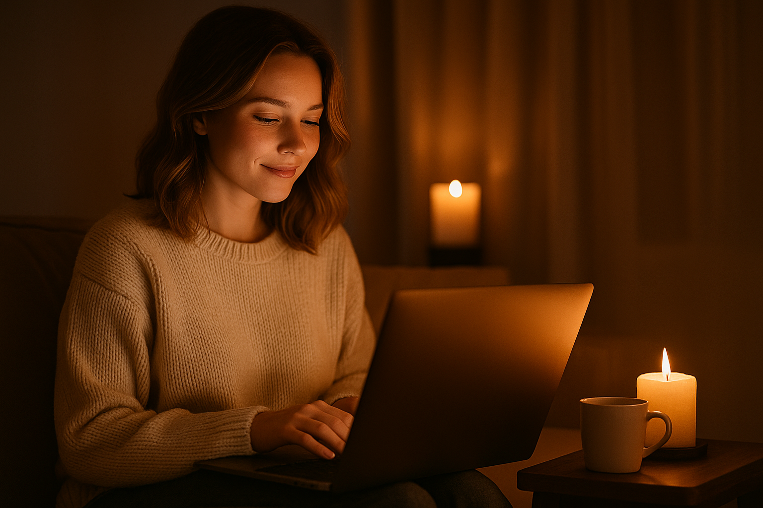 Eine Frau sitzt entspannt am Laptop und betreibt Online Shopping, sie kauft ein und spart dabei gleichzeitig, weil sie in meinem WhatsApp Kanal ist.