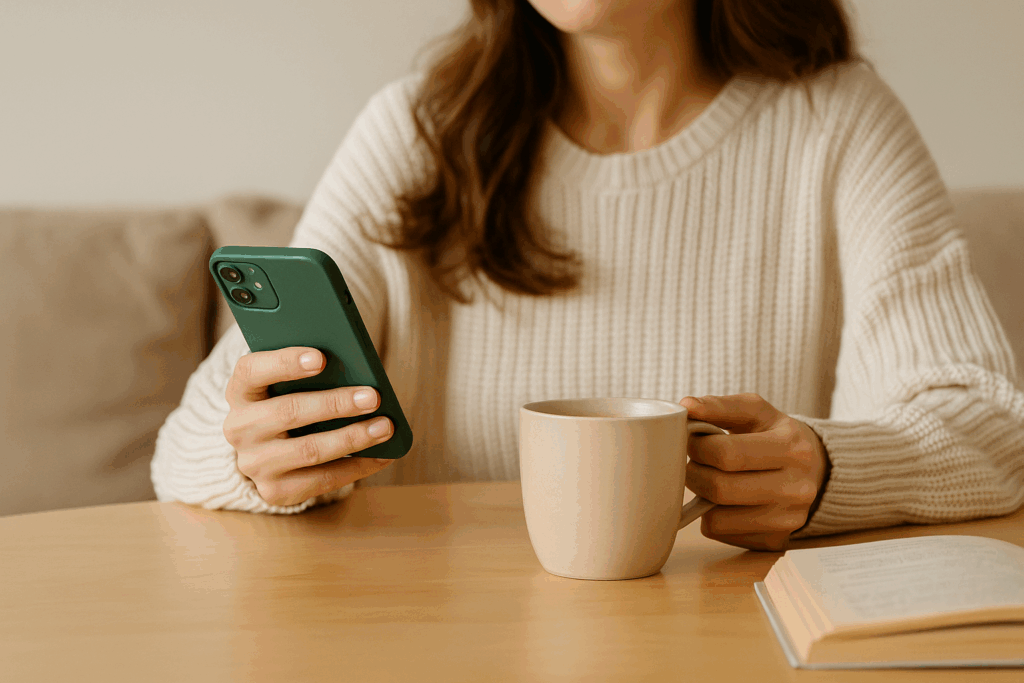 Eine Frau sitzt entspannt am Tisch mit Handy und einer Tasse Kaffee und betreibt Online Shopping, sie kauft ein und spart dabei gleichzeitig, weil sie in meinem WhatsApp Kanal ist.