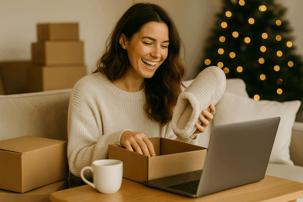 Eine Frau sitzt neben dem Weihnachtsbaum am Tisch mit ihren Onlinebestellungen bzw. Paketen und freut sich weil sie sparen konnte