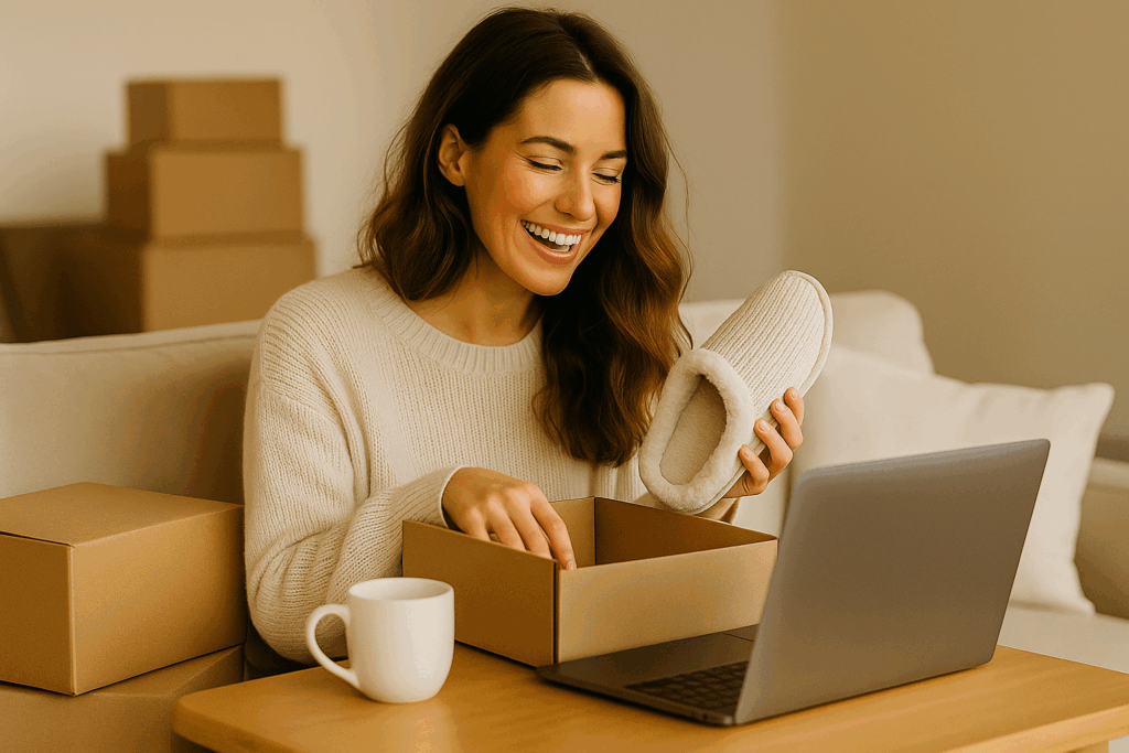 Eine Frau sitzt am Tisch mit ihren Onlinebestellungen bzw. Paketen und freut sich weil sie sparen konnte