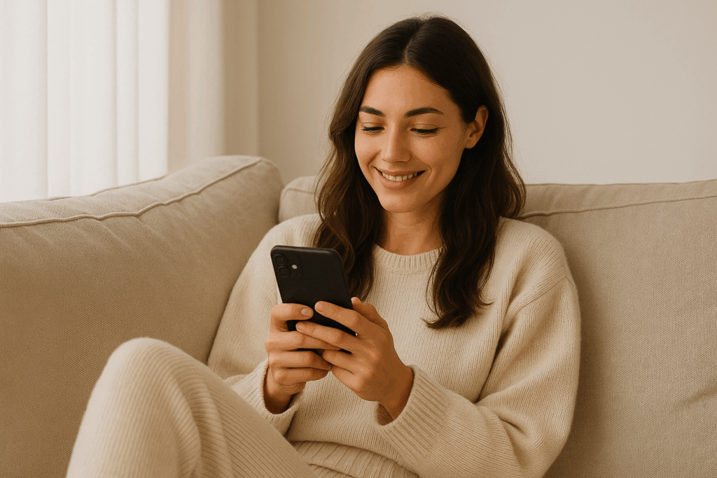 Eine Frau sitzt zurückgelehnt auf dem Sofa mit ihrem Handy und ist glücklich