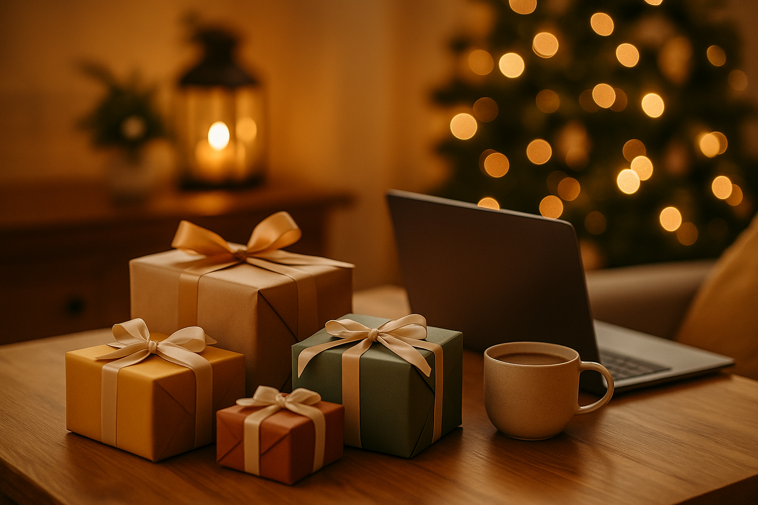 Weihnachtsgeschenke und ein Laptop stehen auf einem Tisch vor dem Weihnachtsbaum