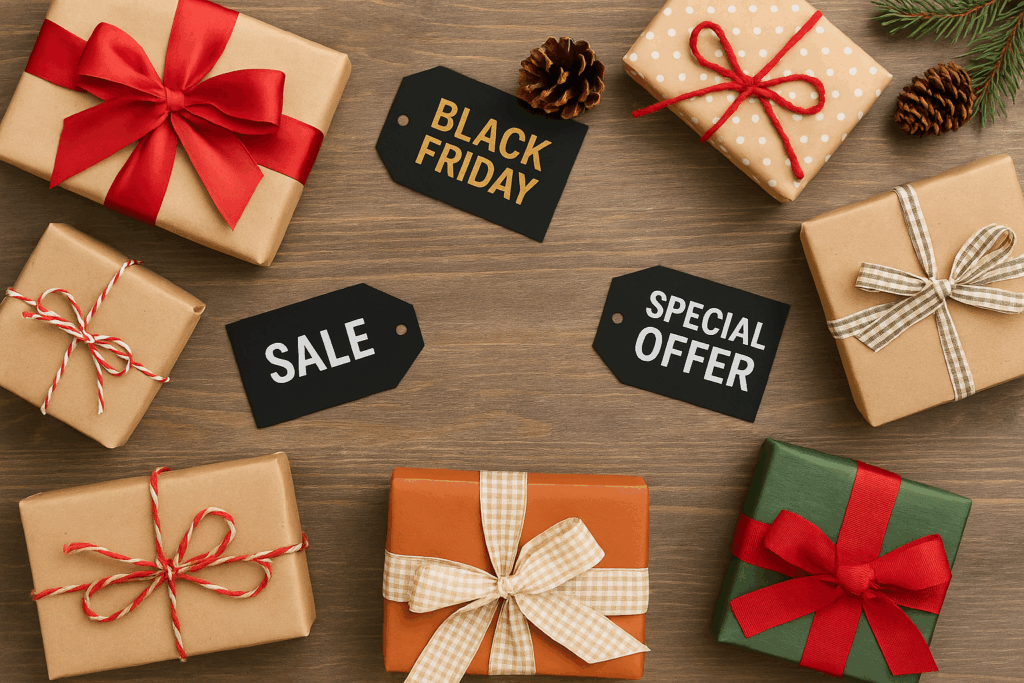 Viele Geschenke und Angebotszettel für die Blackweek liegen auf dem Tisch