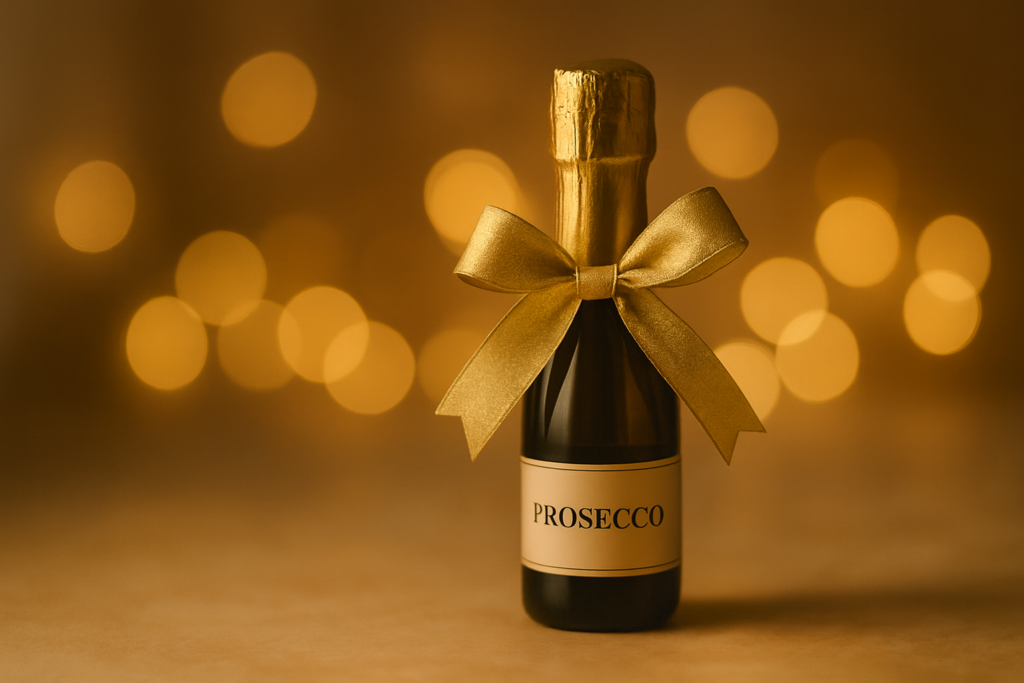 Mini-Prosecco mit Goldschleife – ein kleiner Neujahrs-Funkelgruß