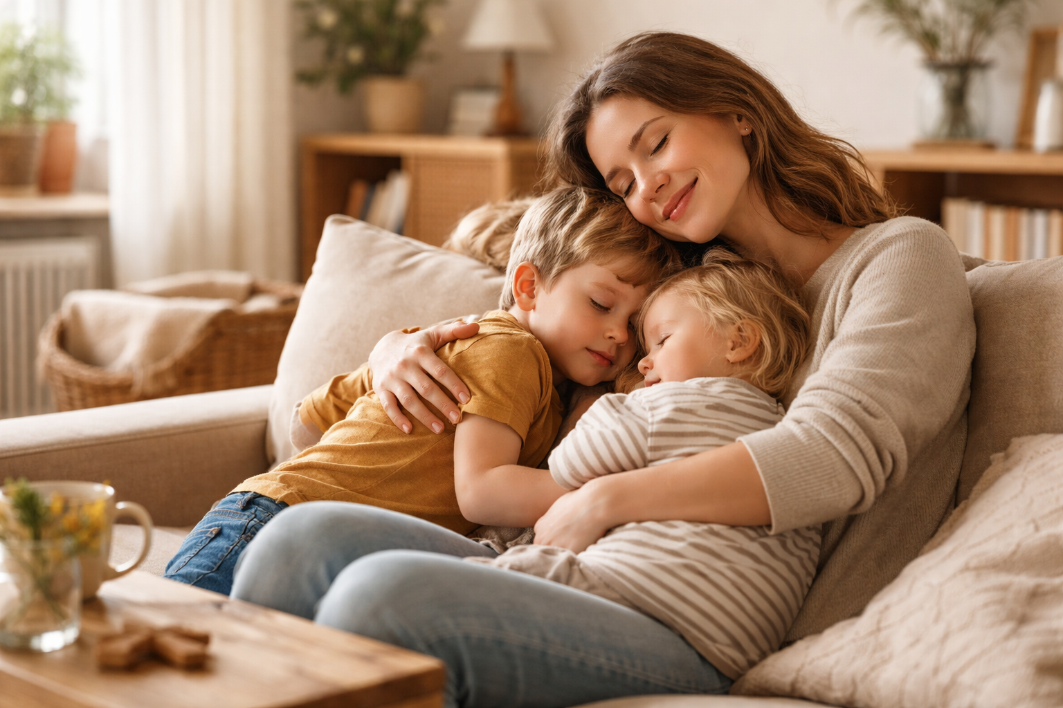 Mutter mit Kindern auf dem Sofa