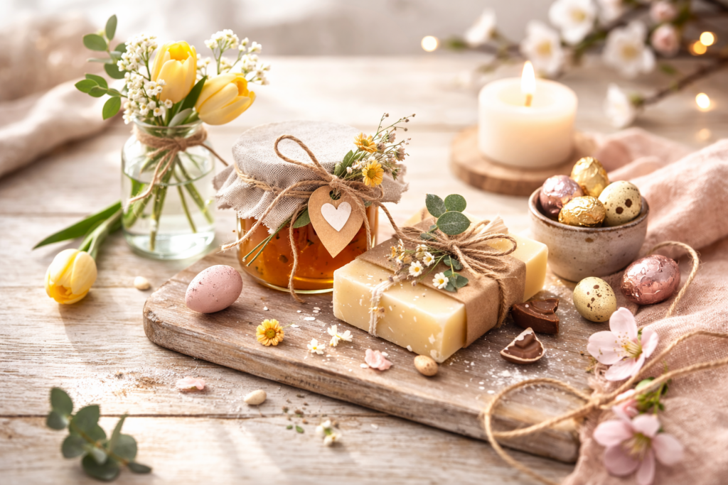 Frühlingshafte Ostergeschenke auf Holztablett