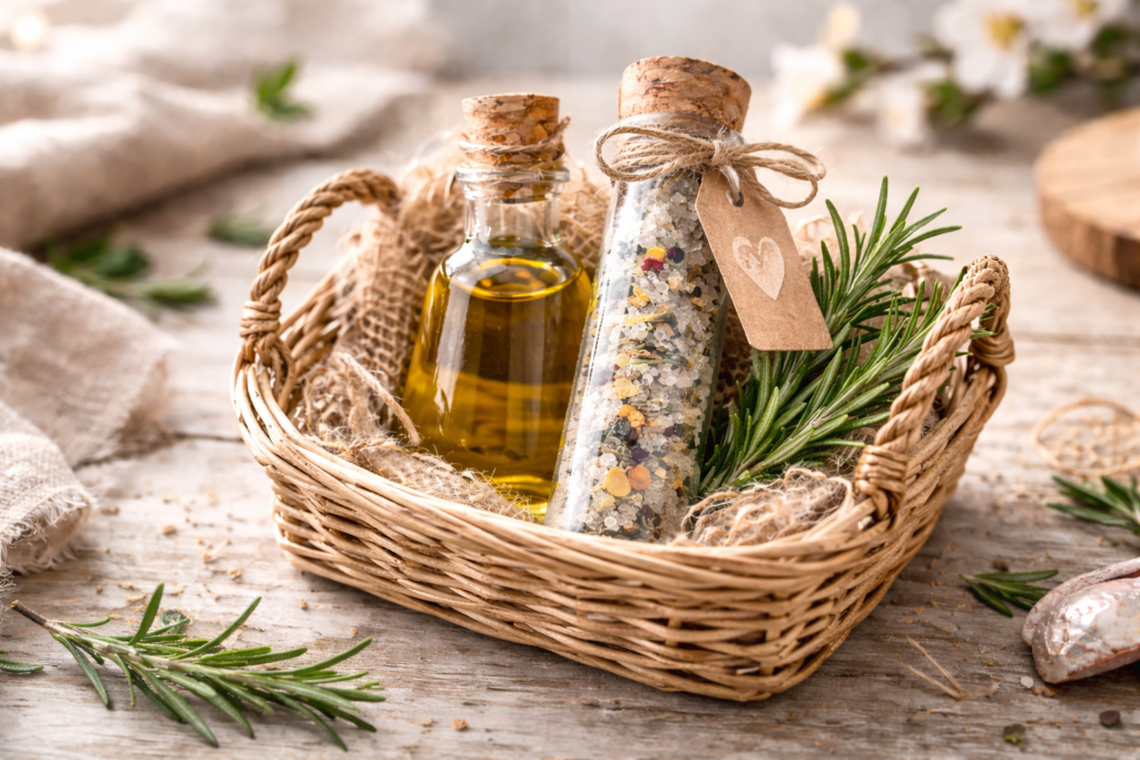 Hausgemachtes Geschenkeset in Körbchen