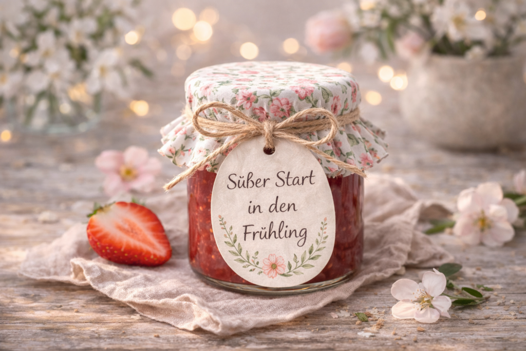 Selbstgemachte Marmelade im Mini-Glas als Ostergeschenk