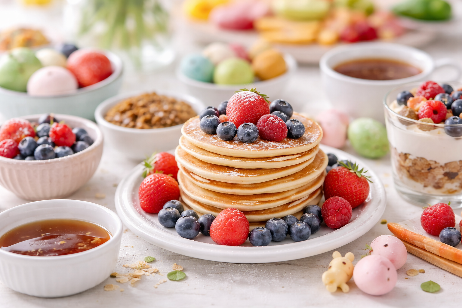 S&uuml;&szlig;e Osterbrunch Ideen, Pancakes und Hefezopf
