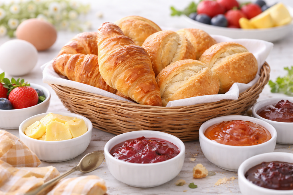 Frühstück mit frisch gebackenen Croissants zu Ostern