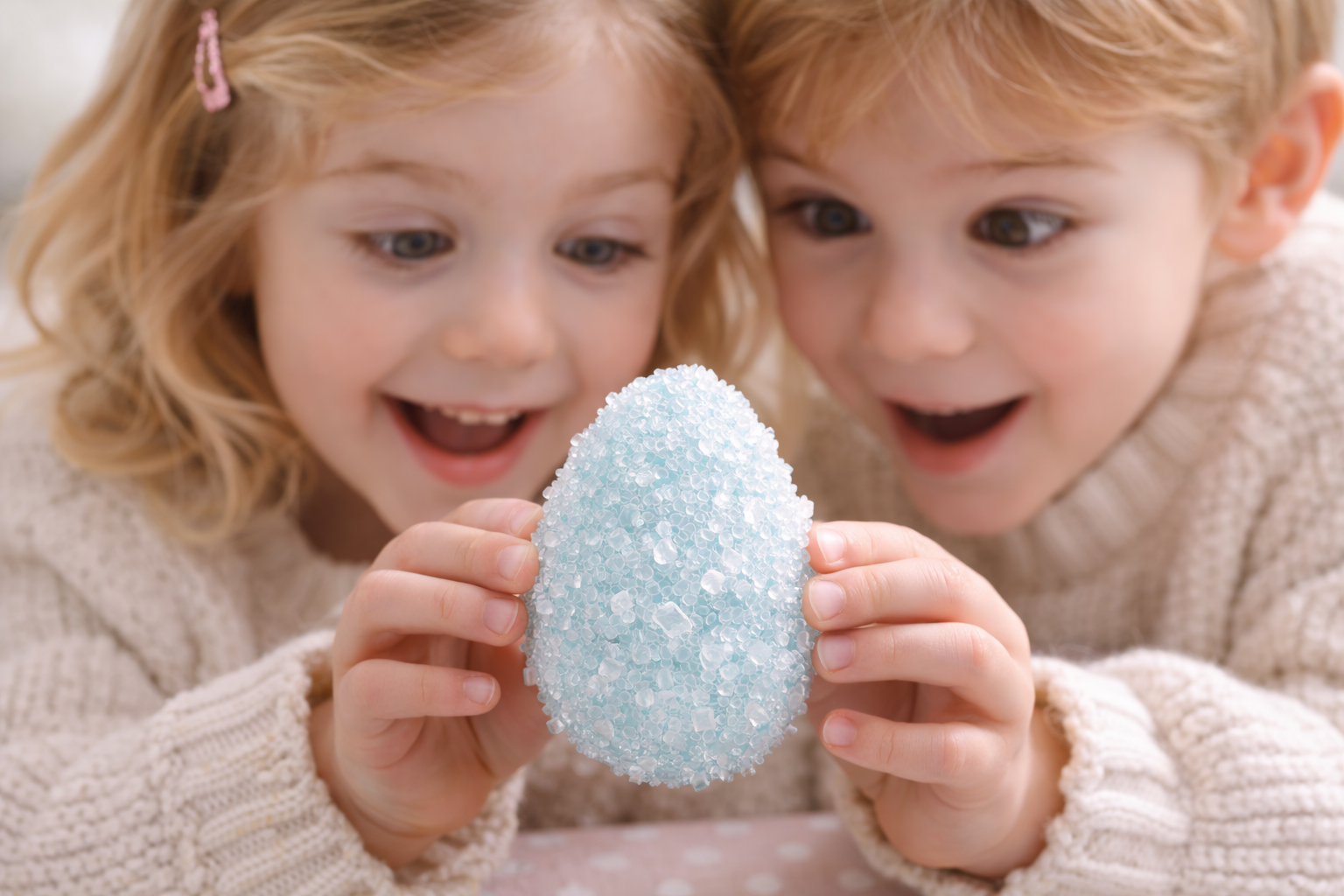 Kinder bewundern das glitzernde Kristall-Osterei