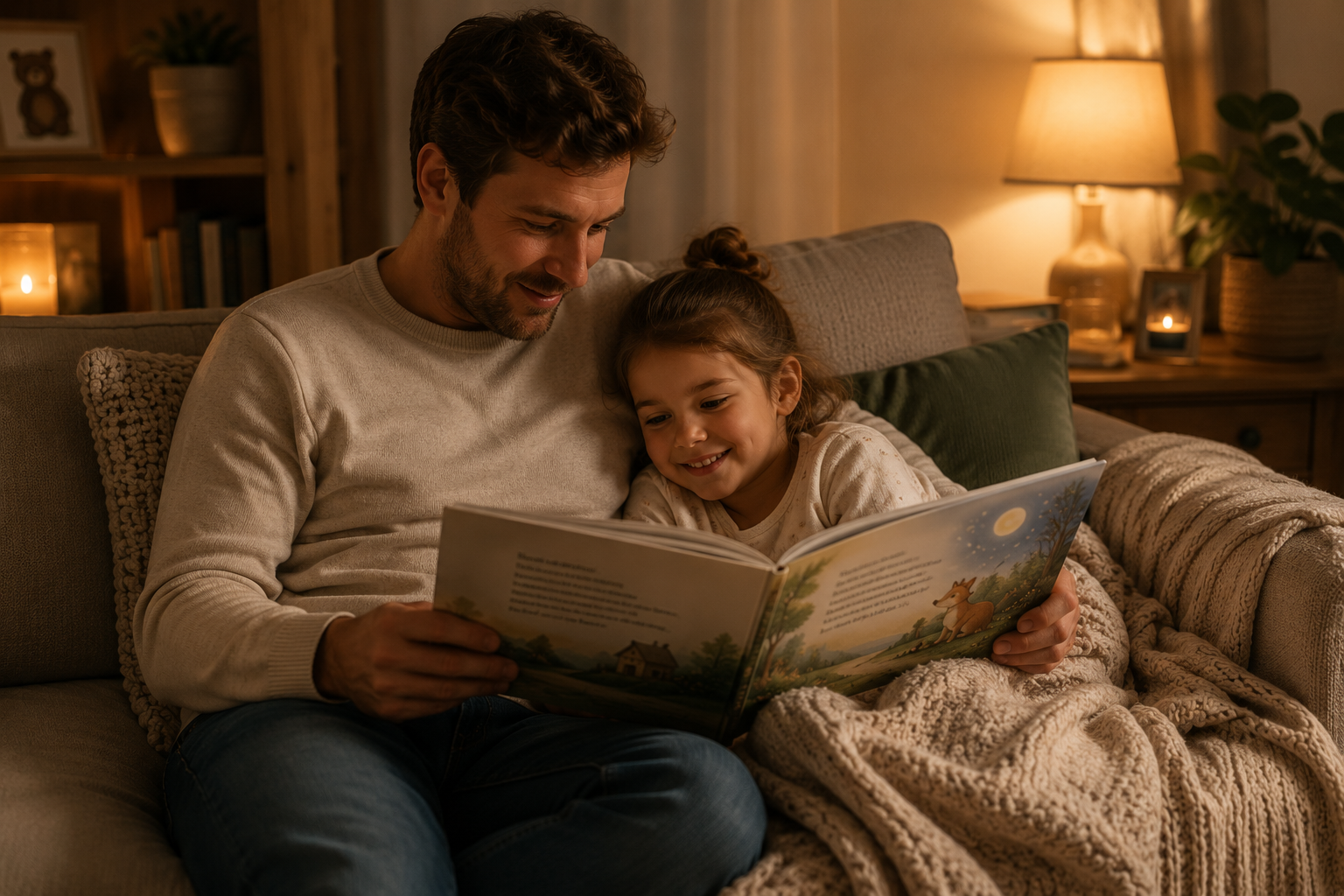 Papa liest seiner Tochter gem&uuml;tlich auf dem Sofa aus einem Bilderbuch vor