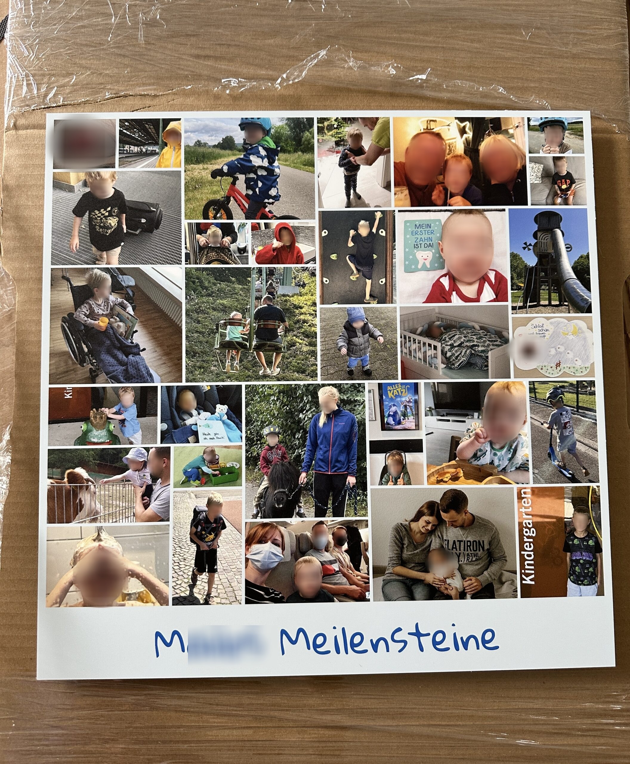 Fotocollage aus dem Karton ausgepackt, Gesichter zum Schutz der Privatsphäre unkenntlich gemacht