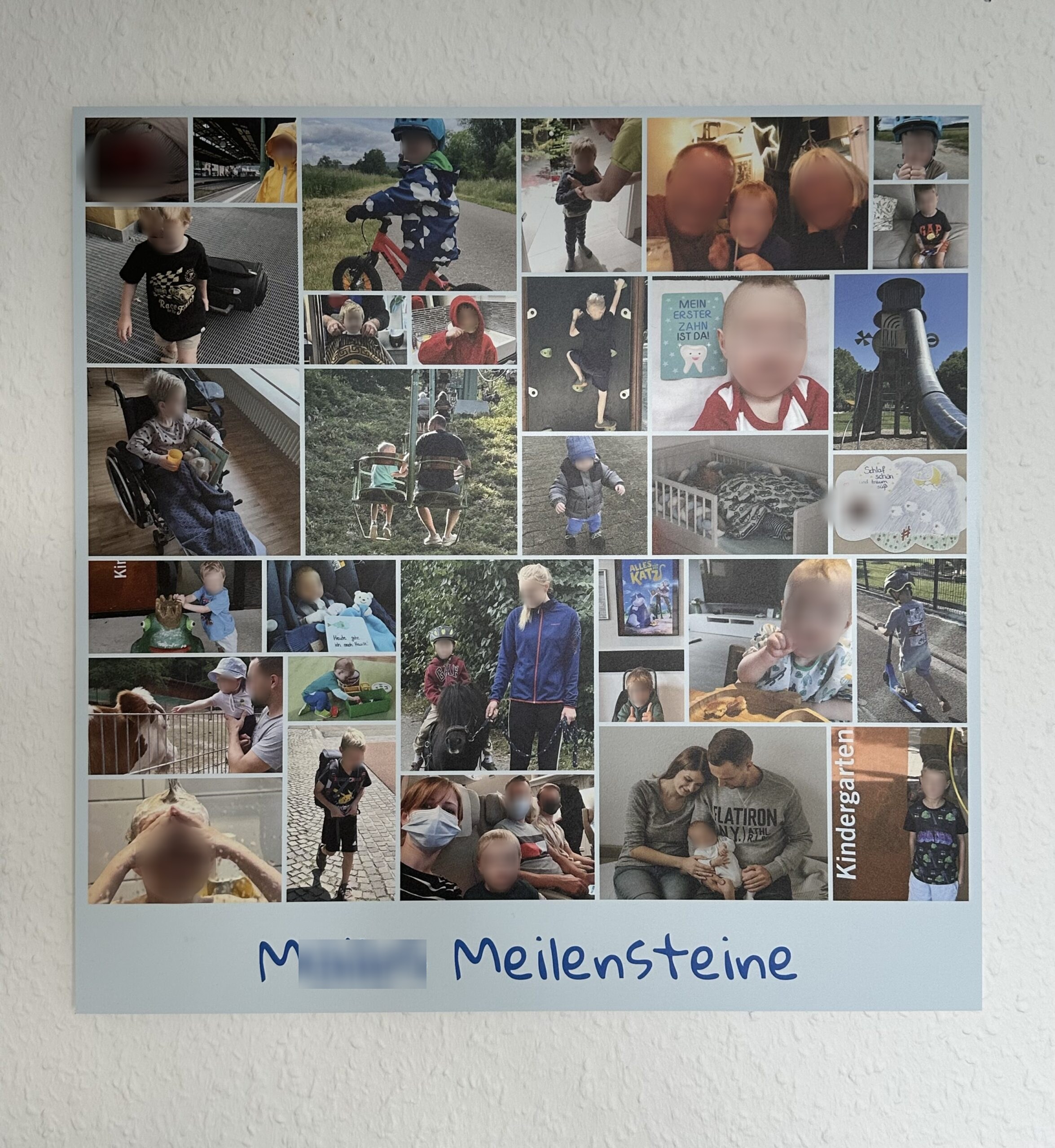 Fertige Fotocollage an der Wand aufgehängt, Gesichter zum Schutz der Privatsphäre unkenntlich gemacht