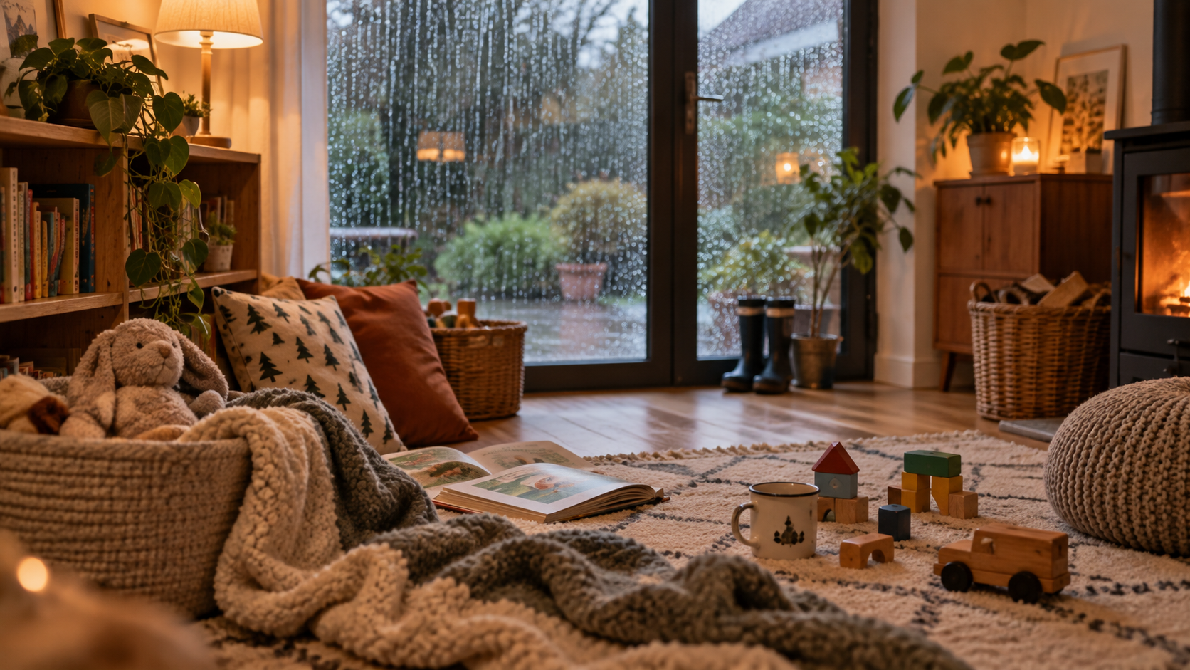 Regennasses Fenster mit Blick nach drau&szlig;en, davor ein gem&uuml;tliches Wohnzimmer mit Kind und Decke