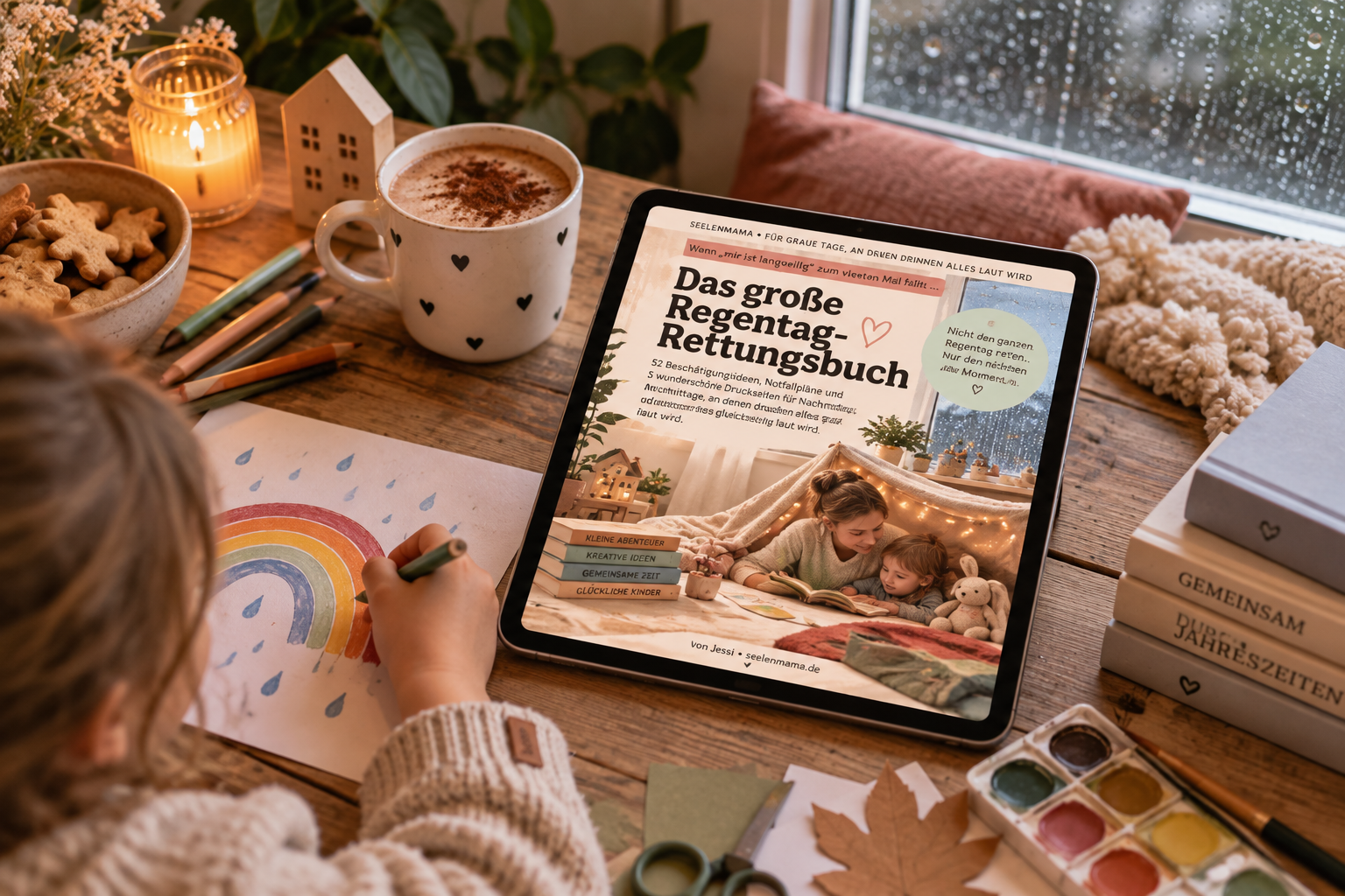 Das Regentag-Rettungsbuch auf einem Tablet, daneben ausgedruckte Seiten auf dem Wohnzimmertisch